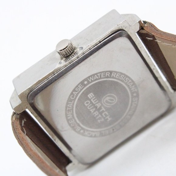 Ewatch Mens Watch Silver Tone Stainless Steel Classic Brown Leather Band - Picture 8 of 8